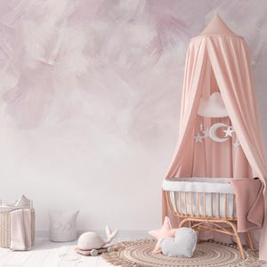 Soft blush brushstroke pattern in pale pink and white creating a calm, minimal background; removable peel-and-stick mural.