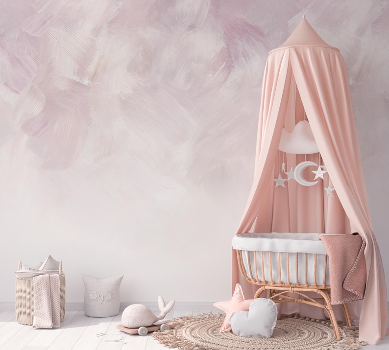 Soft blush brushstroke pattern in pale pink and white creating a calm, minimal background; removable peel-and-stick mural.