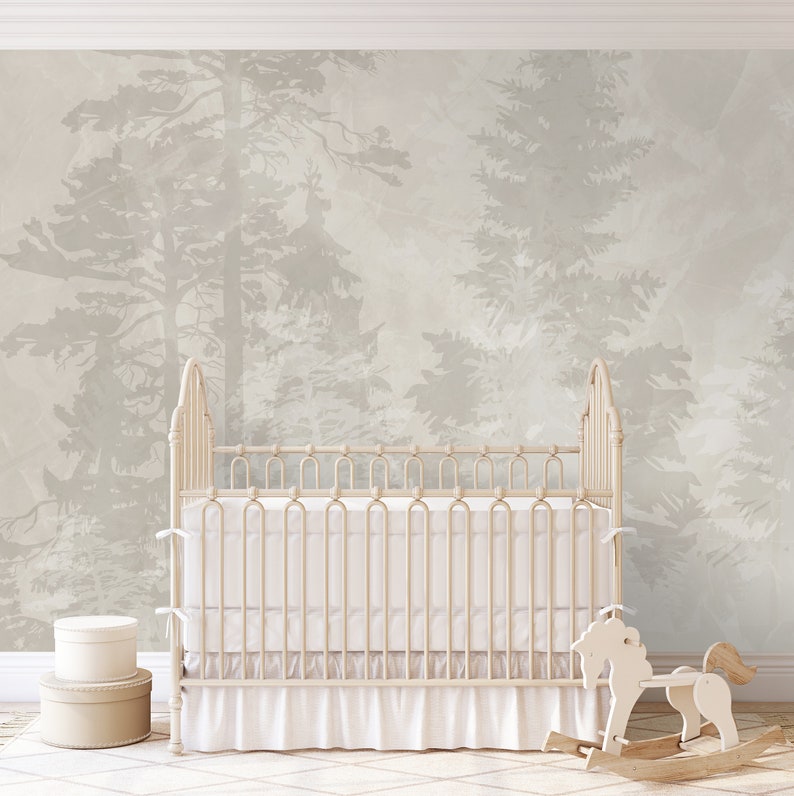 Misty Forest Nursery Wallpaper – Neutral Sage Gray Woodland Wall Mural ...