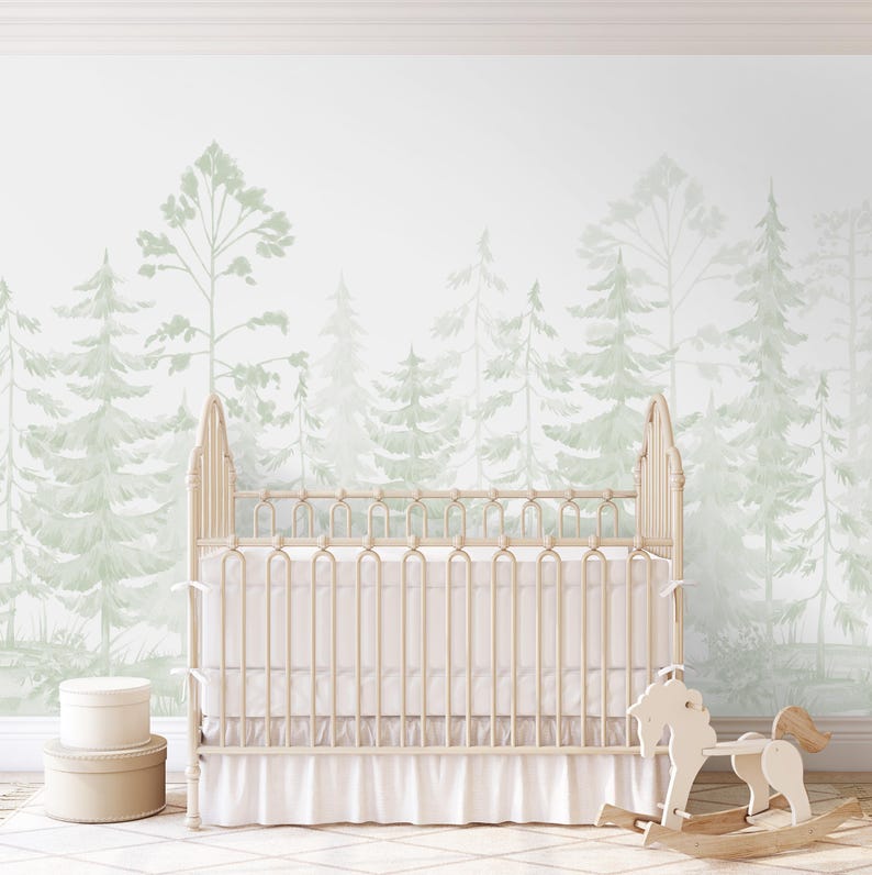 Sage Green Watercolor Pine Tree Wall Mural - Fairy Forest Nursery ...