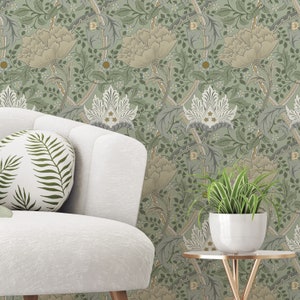 Green Beige Flower Garden William Morris Vintage Peel & Stick Wallpaper - Retro Antique Removable Decal - Self Adhesive Victorian Style W096