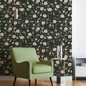 Dark Green & Beige Floral Peel and Stick Wallpaper - Removable Flowers Wall Decal - Beautiful Botanical Garden Self Adhesive Wall Mural W154