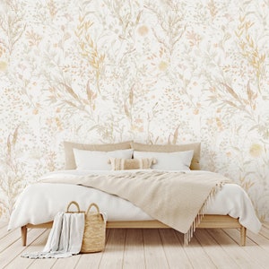 Beige & Gold Effect Floral Botanical Removable Wallpaper - Garden Flowers Boho Peel and Stick Decal - Self Adhesive Wall Mural Decor W052