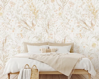 Beige & Gold Effect Floral Botanical Removable Wallpaper - Garden Flowers Boho Peel and Stick Decal - Self Adhesive Wall Mural Decor W052