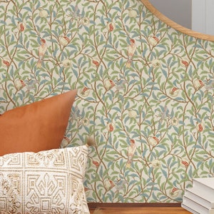 Green Blue Leaf Bird and Pomegranate William Morris Peel & Stick Wallpaper - Removable Vintage Retro Self Adhesive Victorian Style W084
