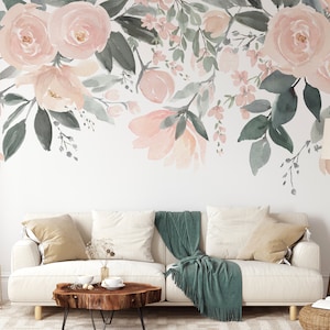 Watercolor Roses Removable Wall Mural - Pastel Greenery Floral Peel and Stick Wall Decal - Self Adhesive Flowers Wallpaper WM014