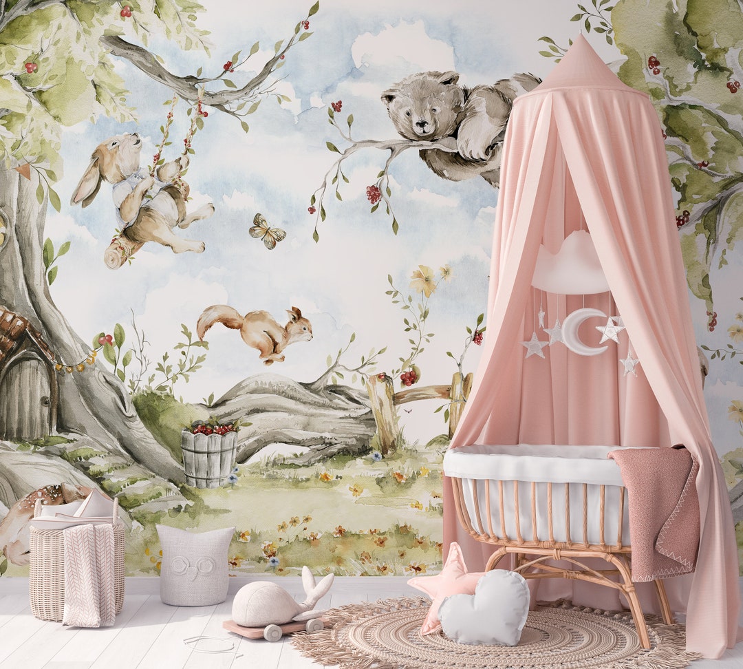 Woodland Animals Wall Mural - Kids Nursery Fairy Green Forest Peel and ...