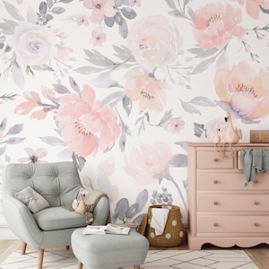Soft Pink Lilac Purple Flowers Removable Mural - Pastel Peel and Stick Kids Nursery Wall Decal - Self Adhesive Watercolor Wallpaper WM002