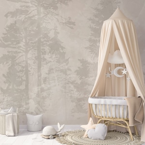 Beige Forest Peel & Stick Wall Mural - Neutral Botanical Pattern Self Adhesive Decal - Retro Vintage Woodland Removable Wallpaper WM087