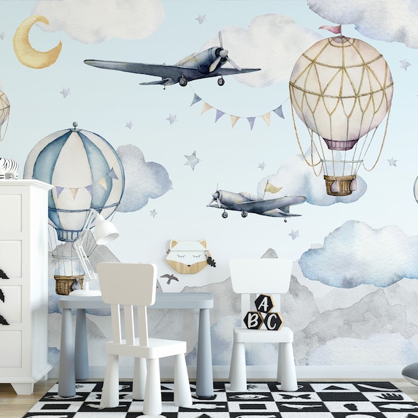 Hot Air Balloons, Airplanes in Blue Sky Nursery Peel and Stick Wall Mural - Kids Removable Decal - Self Adhesive Boys Wallpaper WM064