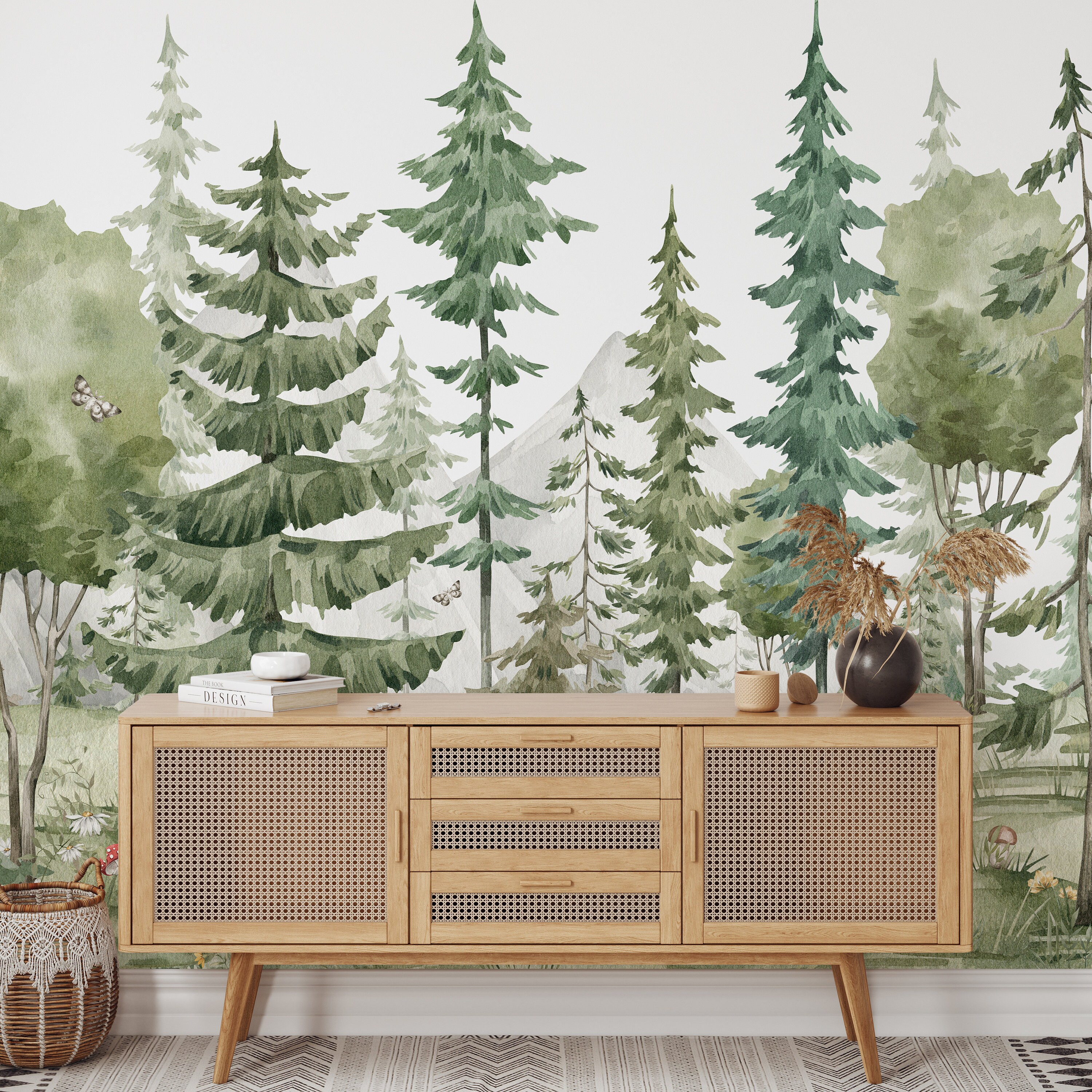 Woodland Forest Nursery Wallpaper – Watercolor Pine Trees Kids Fairy ...