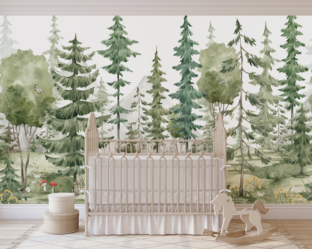 Woodland Forest Nursery Wallpaper – Watercolor Pine Trees Kids Fairy ...