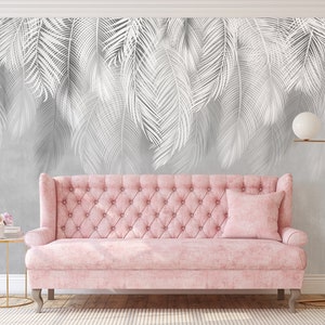 Gray White Tropical Palm Leaves Removable Boho Wall Mural - Pastel Leaf Peel and Stick Jungle Wall Decal - Self Adhesive Wallpaper WM043