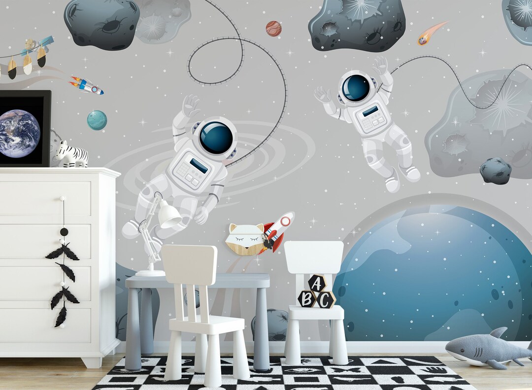 Astronauts Planets Space Wall Mural - Gray Kids Nursery Room Peel and ...