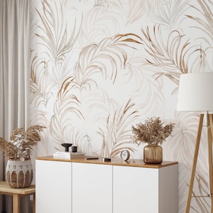Pastel Tropical Palm Leaves Removable Boho Wallpaper - Soft Beige Leaf Peel and Stick Jungle Wall Decal - Self Adhesive Wall Mural W004