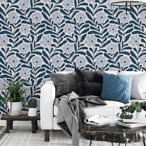 Blue Floral Peel and Stick Wallpaper - Botanical Boho Removable Wall Decal - Blossom Flowers Self Adhesive Wall Mural W142