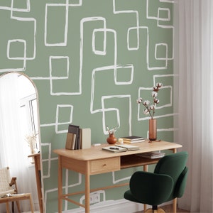 Green and White Abstract Line Self Adhesive Wallpaper - Peel and Stick Boho Style Mural - Scandinavian Design Removable Wall Decal W018