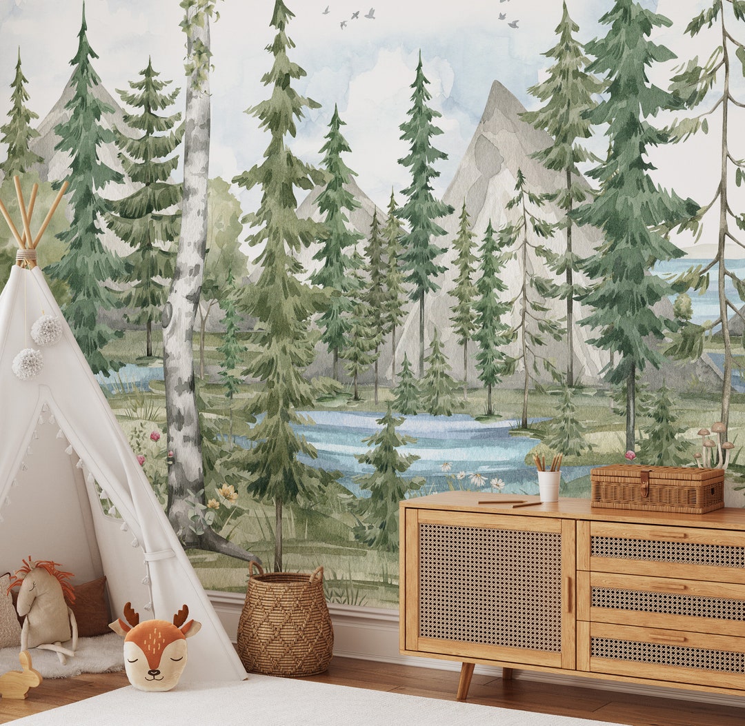 Lake in the Forest Mountains Peel and Stick Wall Mural - Green Woodland ...