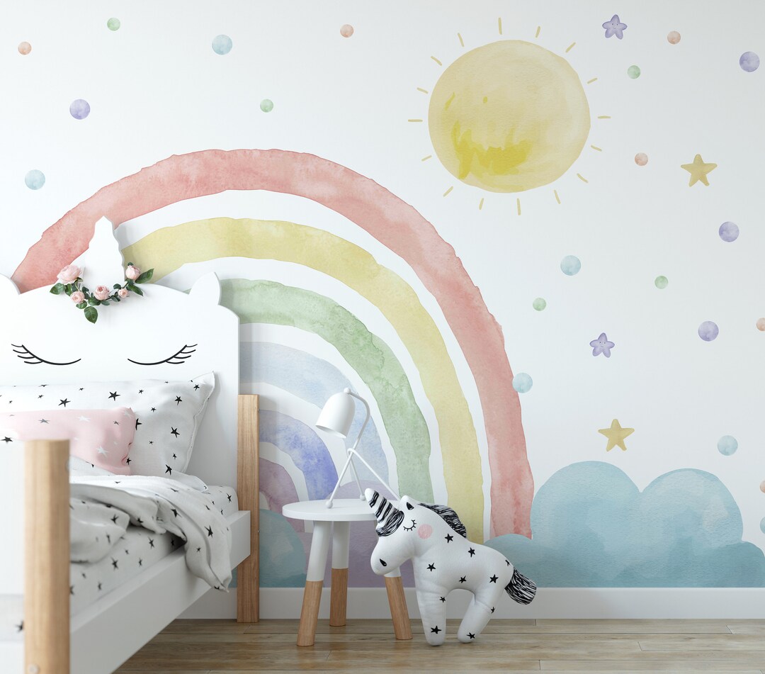 Watercolor Rainbow Nursery Wall Mural - Pastel Sun Clouds Peel and ...
