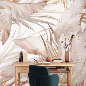 Boho Tropical Banana Leaves Removable Mural - Pastel Palm Leaf Peel and Stick Jungle Wall Decal - Self Adhesive Watercolor Wallpaper WM018