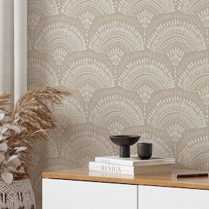 Beige African Fan Peel and Stick Wallpaper - Geometric Ethnic Art Removable Decal - Bohemian Scallops Self Adhesive Wall Mural W161