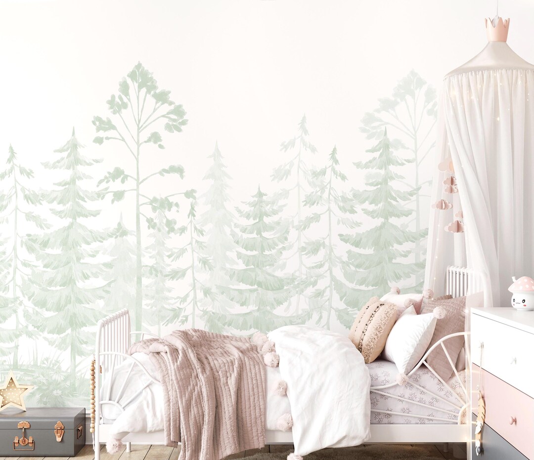 Sage Green Watercolor Pine Tree Wall Mural - Fairy Forest Nursery ...