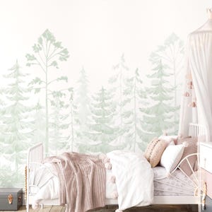 Sage Green Watercolor Pine Tree Wall Mural - Fairy Forest Nursery Woodland Wallpaper   WM096