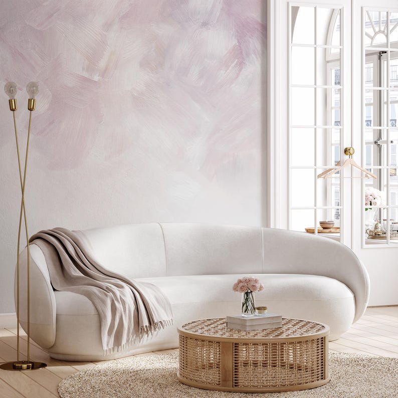 Pastel pink painted wall mural featuring layered brush strokes and a subtle textured look; modern removable peel-and-stick wallpaper.