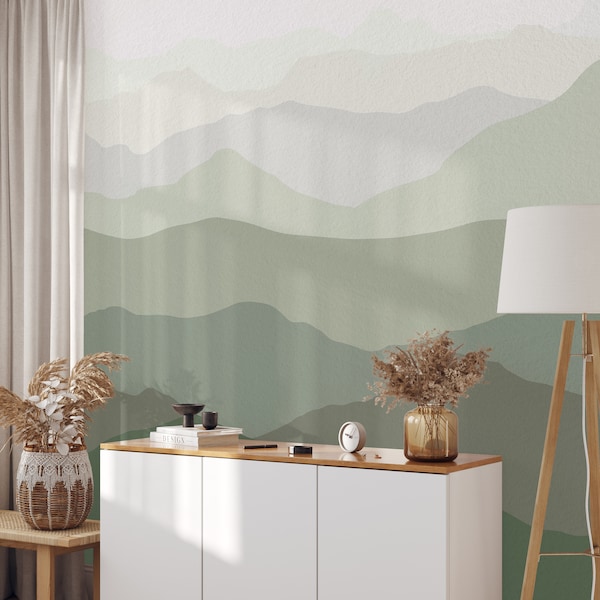 Olive Sage Green Abstract Mountains Peel and Stick Mural Wallpaper - Boho Style Self Adhesive Drawing Wall Mural -Removable Wall Decal WM041