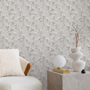 Gray Blossom Flowers Peel and Stick Wallpaper - Removable Floral Wall Decal - Beautiful Botanical Garden Self Adhesive Wall Mural W151