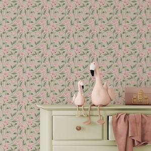 Beige Pink Bellflower Peel and Stick Wallpaper - Removable Floral Wall Decal - Beautiful Botanical Garden Self Adhesive Wall Mural W152
