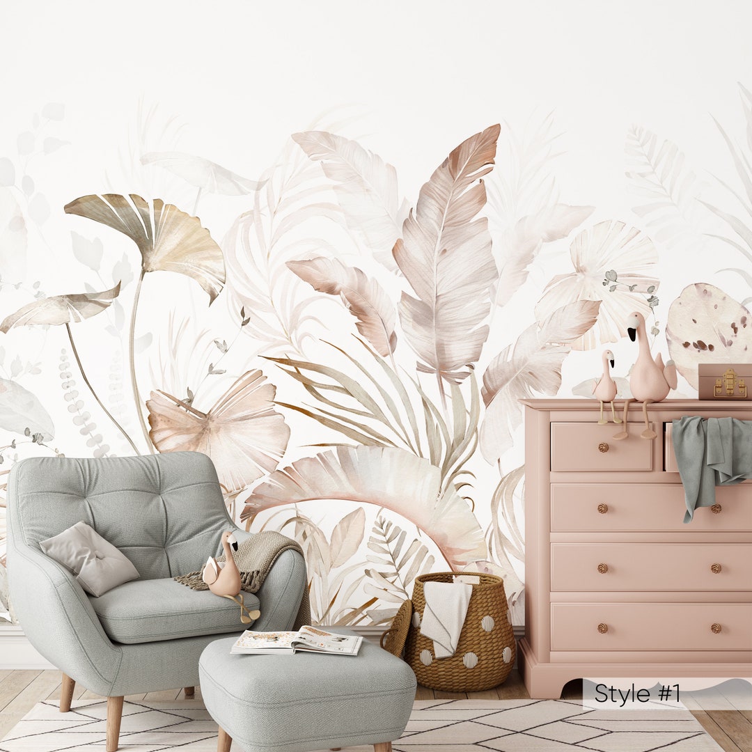Boho Tropical Removable Wall Mural - Pastel Palm Leaves Peel and Stick ...