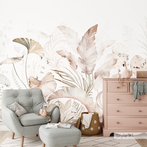 Boho Tropical Removable Wall Mural - Pastel Palm Leaves Peel and Stick Jungle Wall Decal - Self Adhesive Watercolor Wallpaper WM017