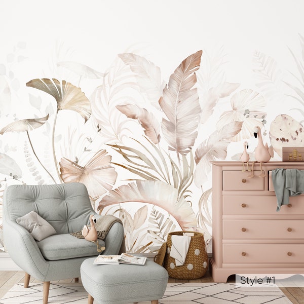 Boho Tropical Removable Wall Mural - Pastel Palm Leaves Peel and Stick Jungle Wall Decal - Self Adhesive Watercolor Wallpaper WM017