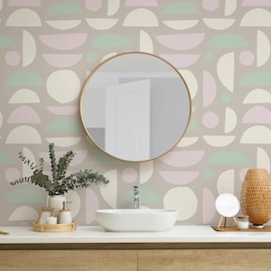 Boho Colored Stones Self Adhesive Wallpaper - Pastel Beige Pink Green Peel and Stick Decor - Removable Neutral Scandinavian Wall Mural W024