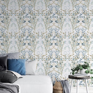 Floral Botanical Garden Removable Wallpaper - Blue Flowers Boho Peel and Stick Decal - Self Adhesive Wall Mural Decor W038