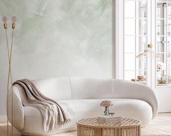 Sage Green Limewash Brushstrokes Wall Mural - Abstract Plaster Texture Peel and Stick Wallpaper WM105