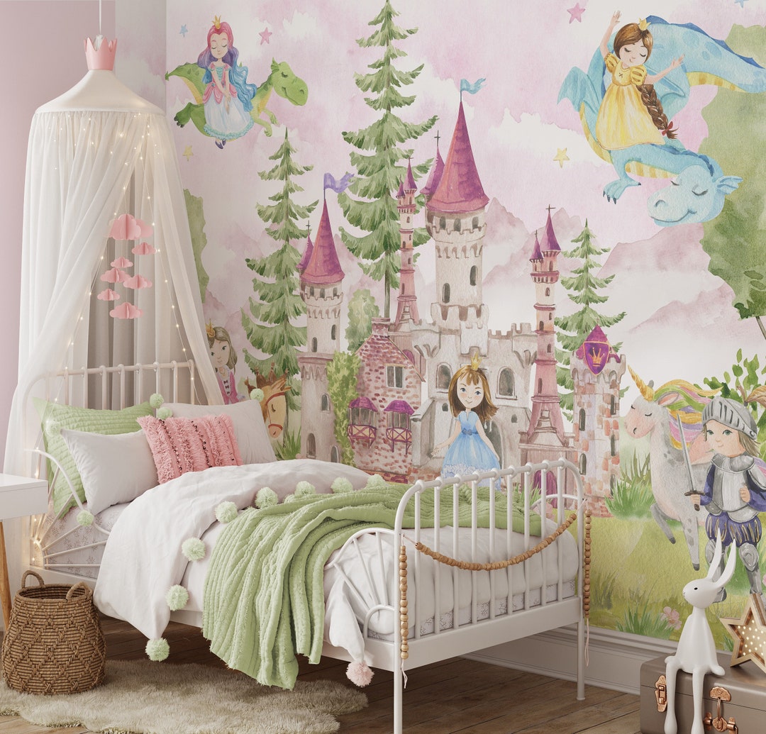 Magical Princess Castle Wall Mural - Fairy Tale Dragon Unicorn Girls ...