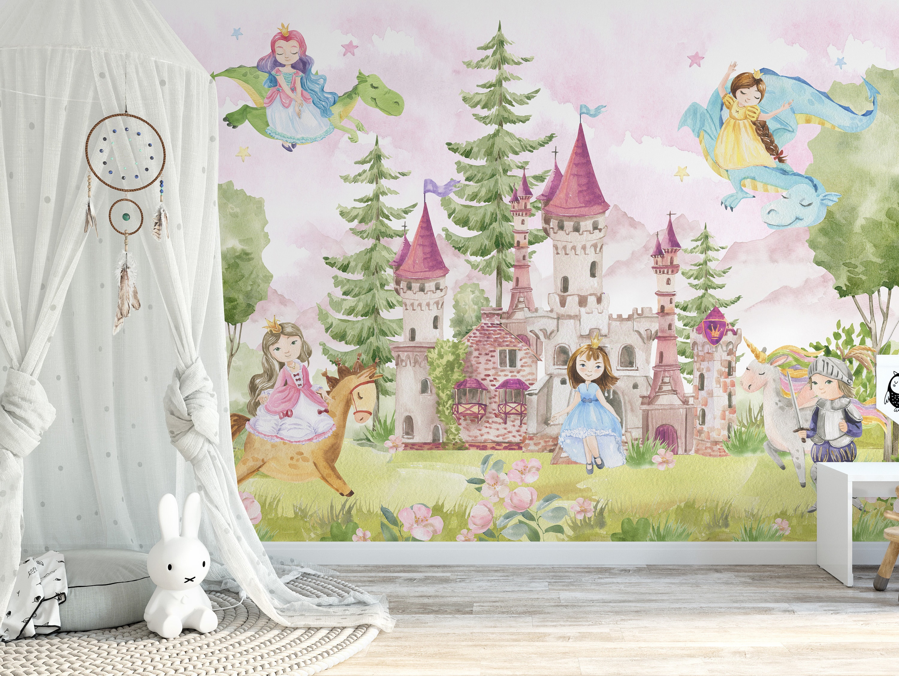 Magical Princess Castle Wall Mural - Fairy Tale Dragon Unicorn Girls ...