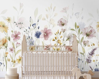 Wildflower Removable Wall Mural - Watercolor Floral Kids Peel and Stick Nursery - Self Adhesive Wall Decal - Colorful Wallpaper WM053