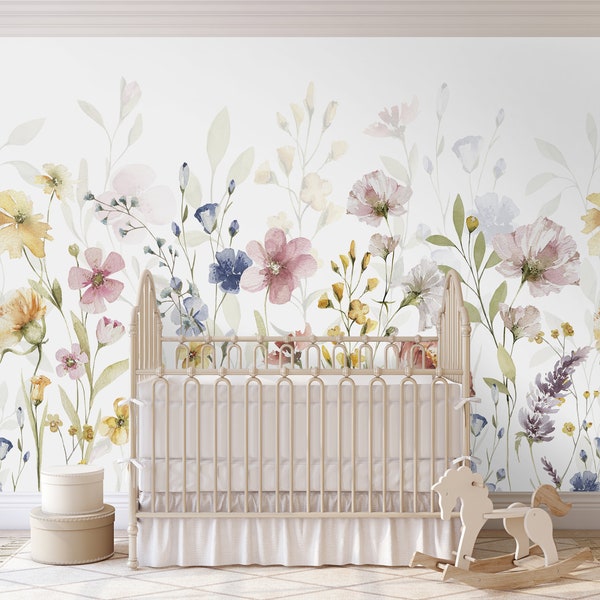 Wildflower Removable Wall Mural - Watercolor Floral Kids Peel and Stick Nursery - Self Adhesive Wall Decal - Colorful Wallpaper WM053