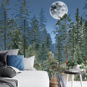 Night Sky Moon and Woodland Peel and Stick Wall Mural - Fairy Pine Tree Kids Nursery Removable Decal - Self Adhesive Forest Wallpaper WM028