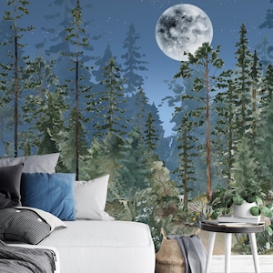 Night Sky Moon and Woodland Peel and Stick Wall Mural - Fairy Pine Tree Kids Nursery Removable Decal - Self Adhesive Forest Wallpaper WM028