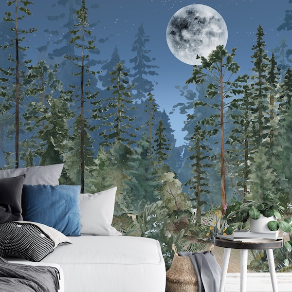 Night Sky Moon and Woodland Peel and Stick Wall Mural - Fairy Pine Tree Kids Nursery Removable Decal - Self Adhesive Forest Wallpaper WM028