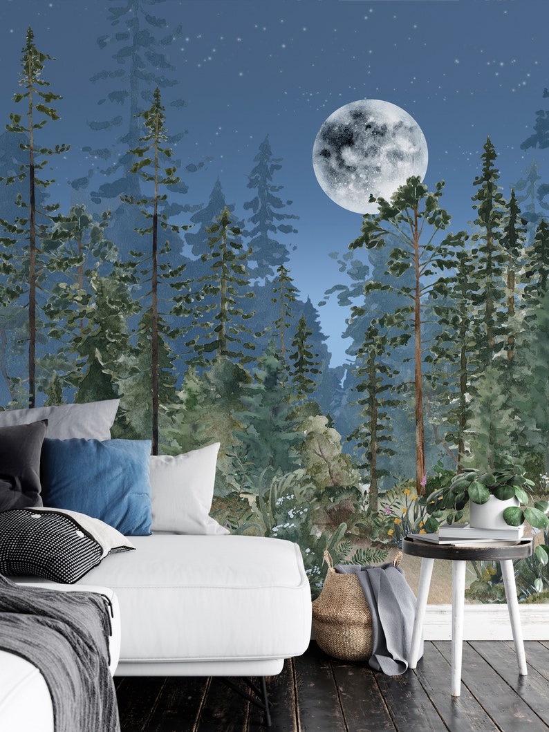 Night Sky Moon Woodland Wallpaper With Fairy Forest Pine Trees WM028 ...