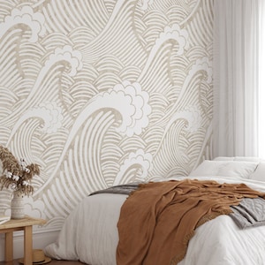 Vintage Japanese Waves Removable Mural - Beige Ocean Peel and Stick Wall Decal - Self Adhesive Bathroom Retro Wallpaper WM016