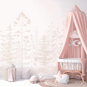 Beige Watercolor Pine Trees Wall Mural - Neutral Fairy Forest Kids Nursery Woodland Wallpaper WM097