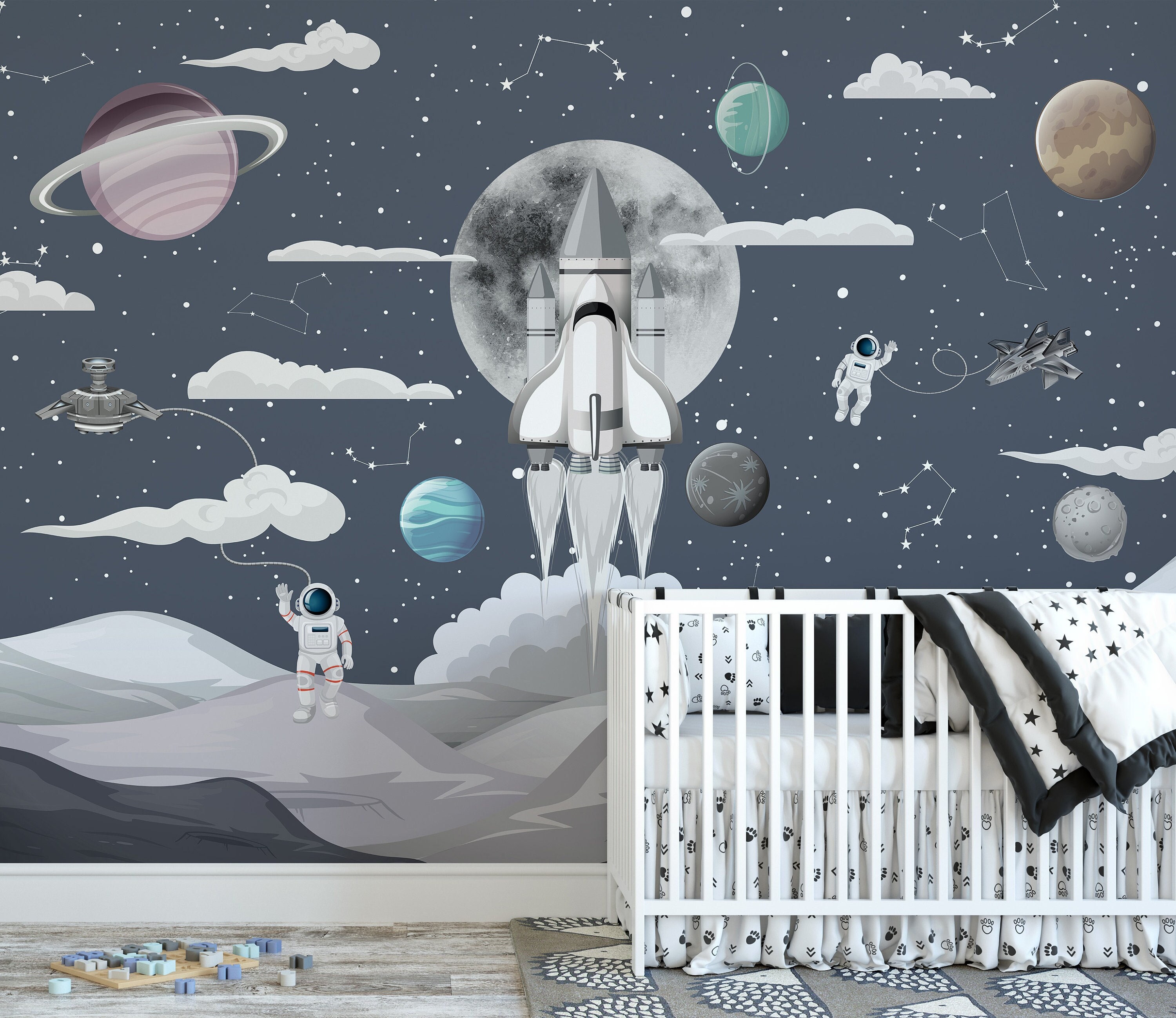 Space Rocket Ship Nursery Wall Mural - Planets Moon Kids Room Astronaut ...