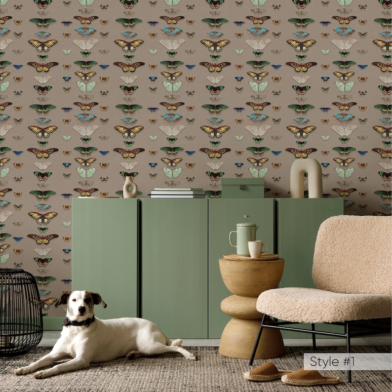 Beige Green Vintage Butterflies Moth Wallpaper - Botanical Entomology ...