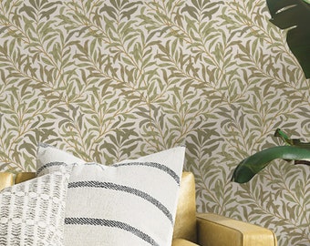 Retro Green Leaves William Morris Peel & Stick Wallpaper - Antique Vintage Removable Elegant Decal - Self Adhesive Victorian Old Style W090